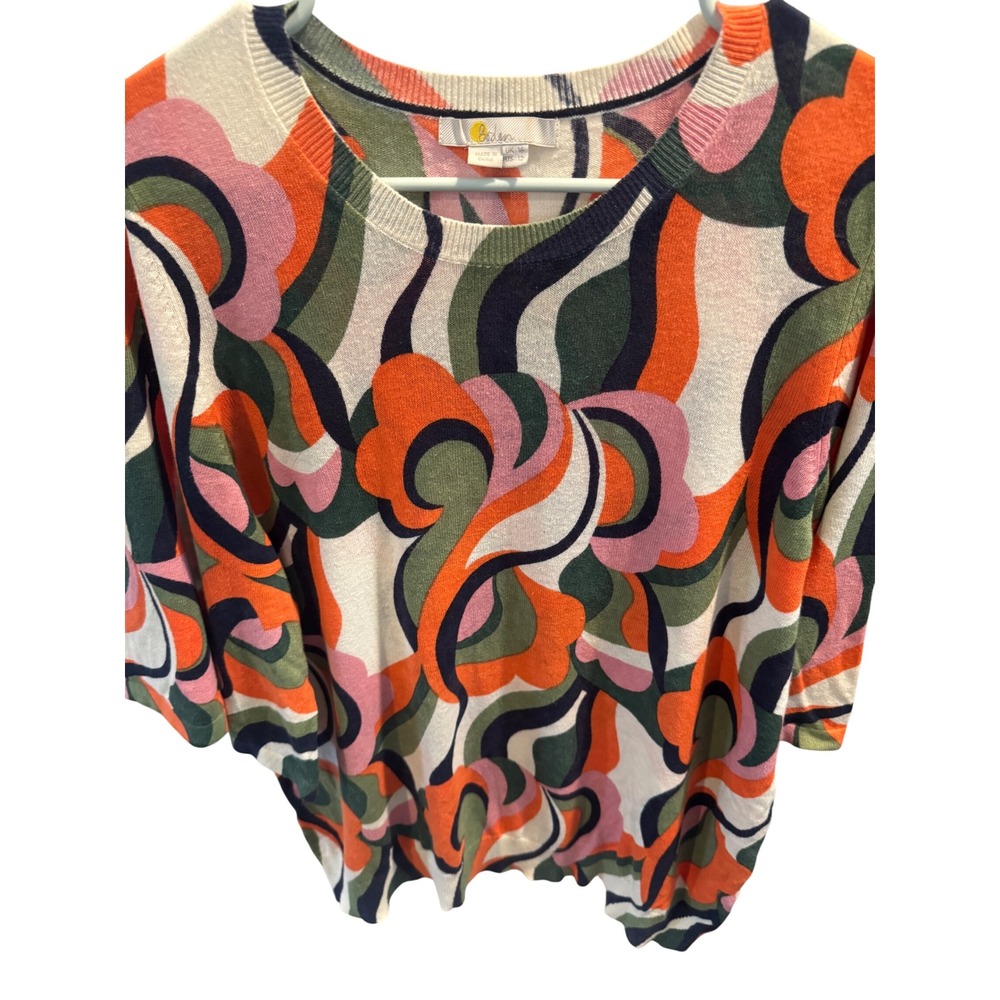 Boden Womens Psychedelic Swirl Knit Sweater 3/4 Sleeve Multi Color Size US 12